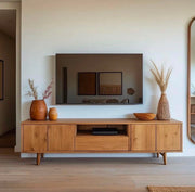 Natural Oak TV Unit with Wooden Doors and Open Shelf - 200cm
